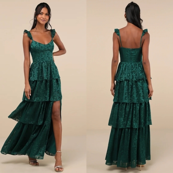 Lulus Dresses & Skirts - Lulus Stunning Glory Hunter Green Floral Jacquard Tiered Maxi Dress Wedding